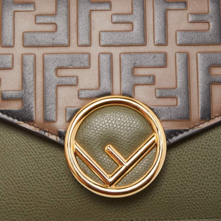 Pre Owned Fendi Military Green/Brown FF Leather Wallet On Chain