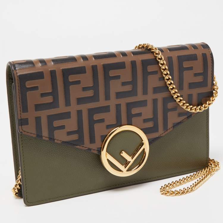 Pre Owned Fendi Military Green/Brown FF Leather Wallet On Chain