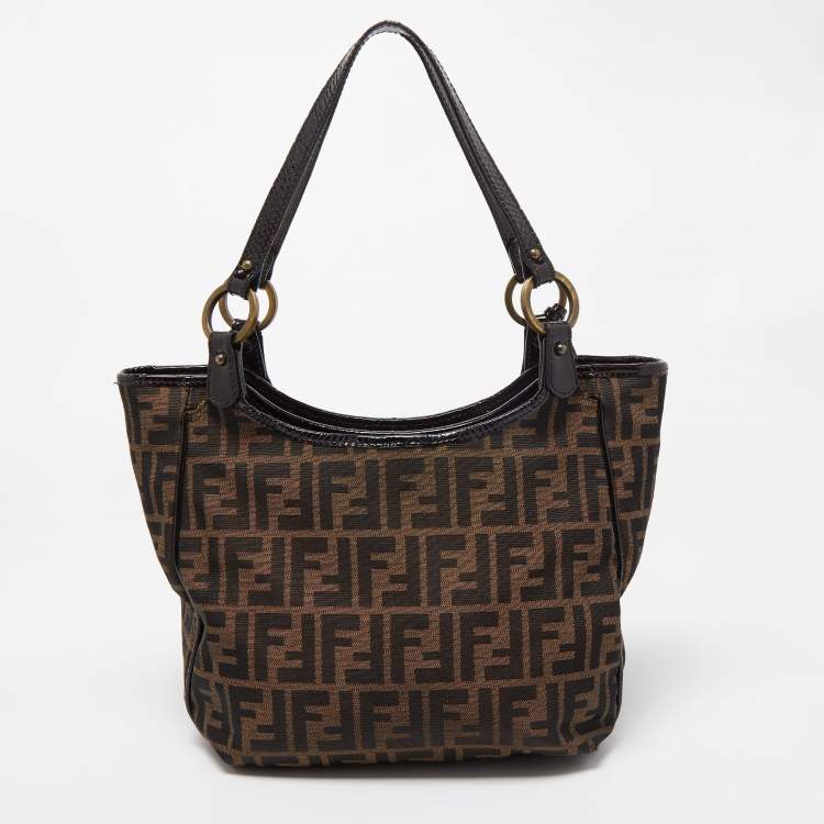 Pre Owned Fendi Tobacco Zucca Canvas and Patent Leather Chef Shopper Tote