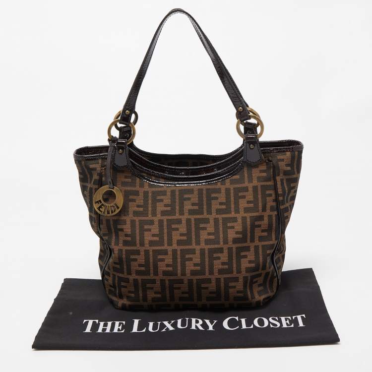Pre Owned Fendi Tobacco Zucca Canvas and Patent Leather Chef Shopper Tote