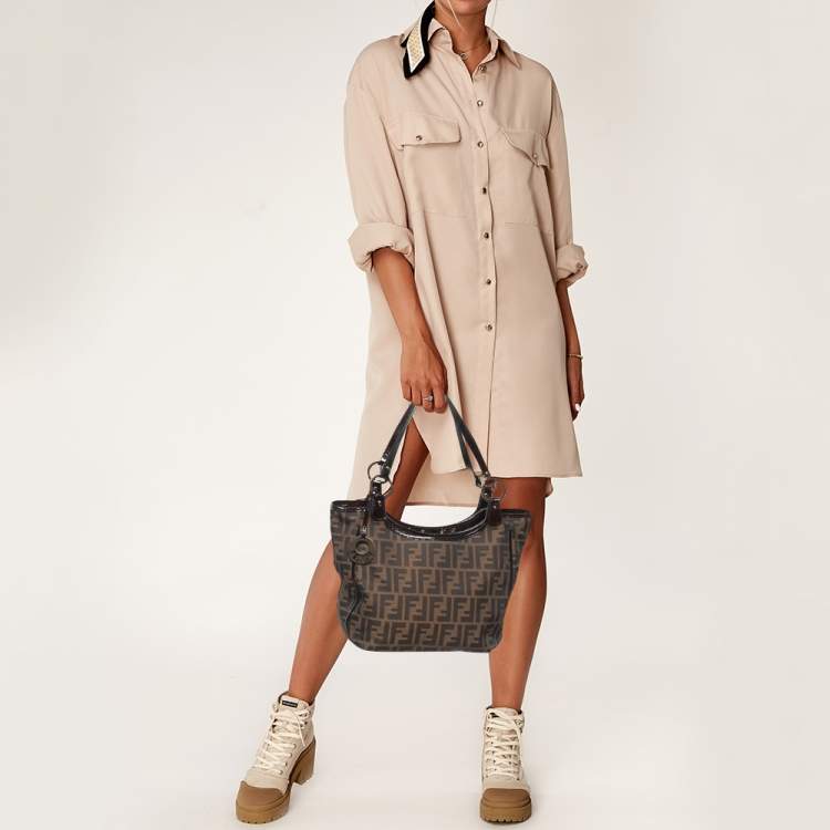 Pre Owned Fendi Tobacco Zucca Canvas and Patent Leather Chef Shopper Tote
