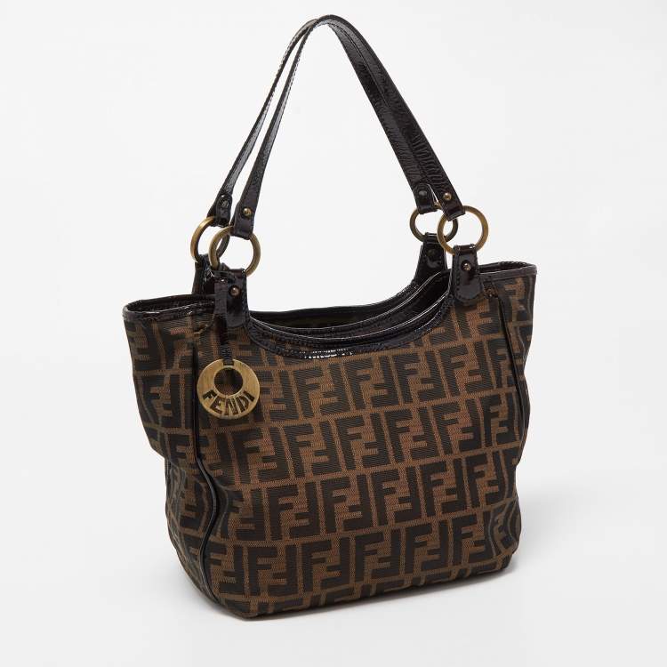 Pre Owned Fendi Tobacco Zucca Canvas and Patent Leather Chef Shopper Tote