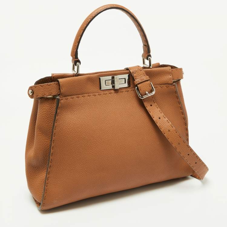 Pre Owned Fendi Brown Selleria Leather Medium Peekaboo Top Handle Bag