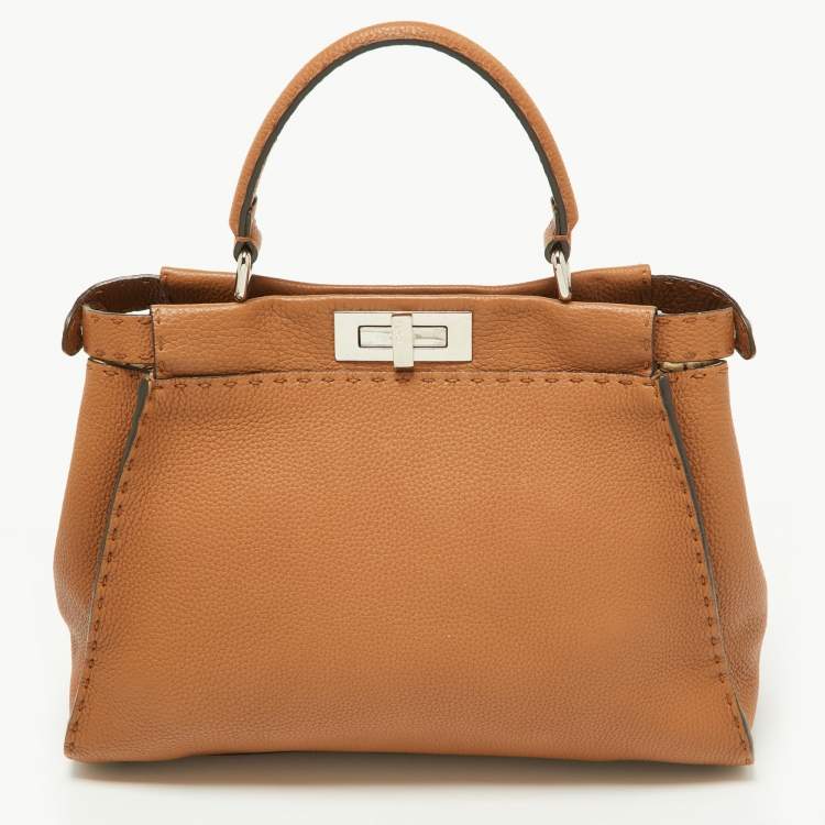 Pre Owned Fendi Brown Selleria Leather Medium Peekaboo Top Handle Bag
