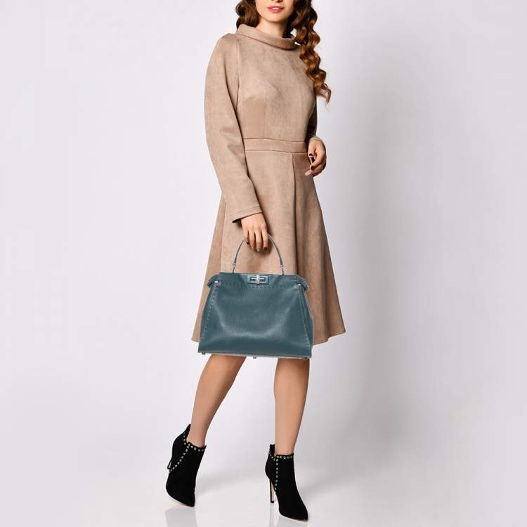 Pre Owned Fendi Green Selleria Leather and Python Medium Peekaboo Top Handle Bag