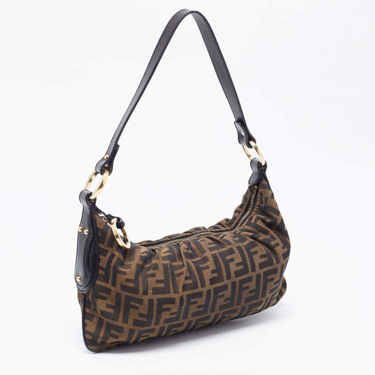 Pre Owned Fendi Black/Tobacco Zucca Canvas Shoulder Bag 