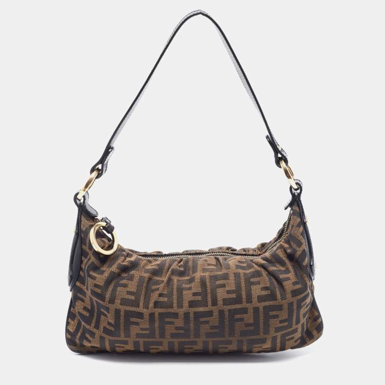 Pre Owned Fendi Black/Tobacco Zucca Canvas Shoulder Bag 