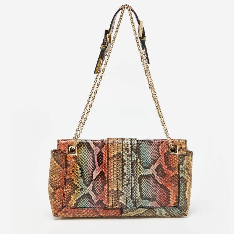Pre Owned Fendi Multicolor Python Baguette Chain Flap Bag