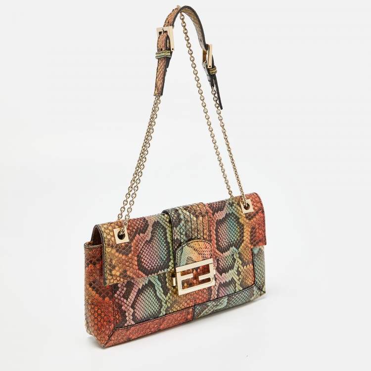 Pre Owned Fendi Multicolor Python Baguette Chain Flap Bag