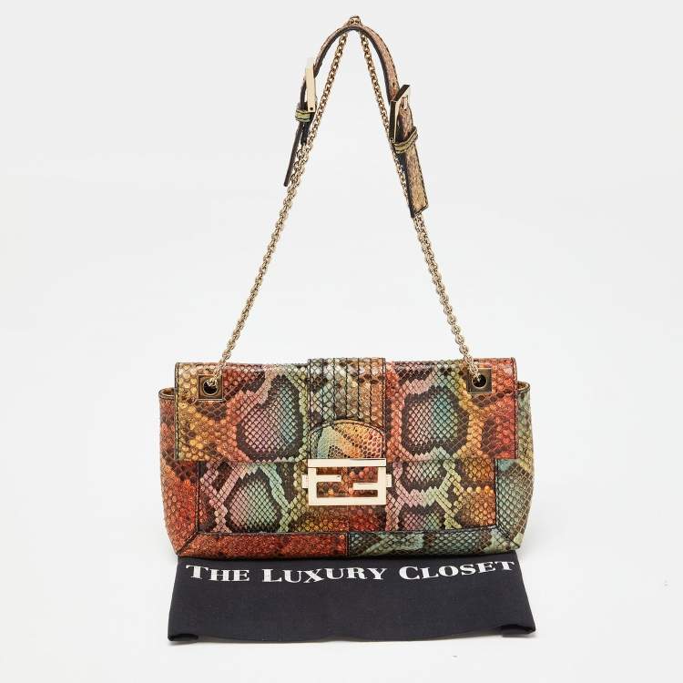 Pre Owned Fendi Multicolor Python Baguette Chain Flap Bag