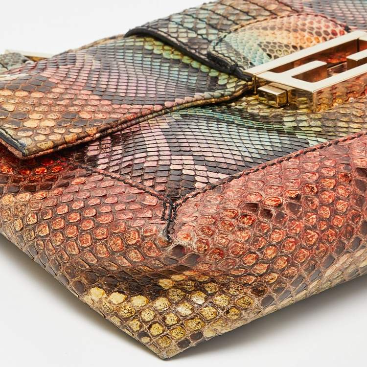 Pre Owned Fendi Multicolor Python Baguette Chain Flap Bag