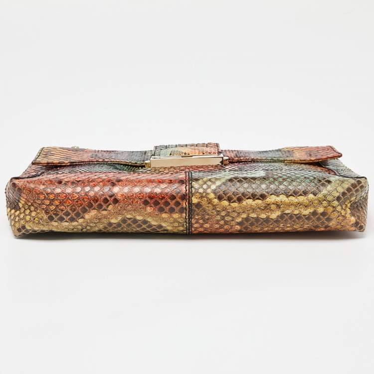 Pre Owned Fendi Multicolor Python Baguette Chain Flap Bag