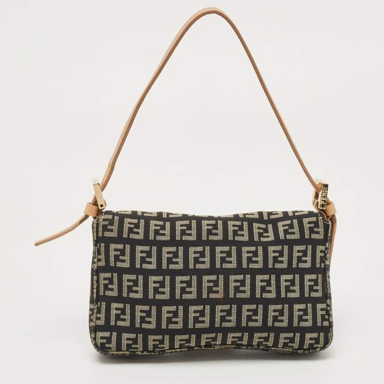 Pre Owned Fendi Black/Beige Zucchino Canvas and Leather Mini Baguette Pochette Bag