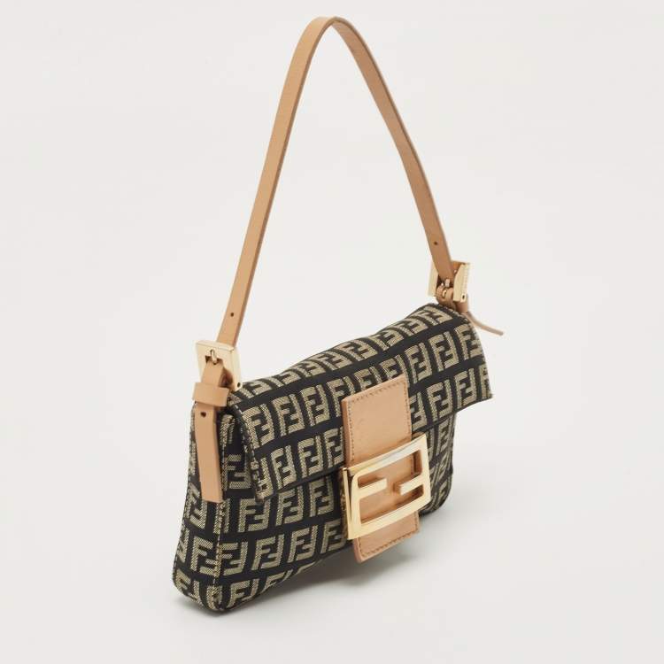 Pre Owned Fendi Black/Beige Zucchino Canvas and Leather Mini Baguette Pochette Bag