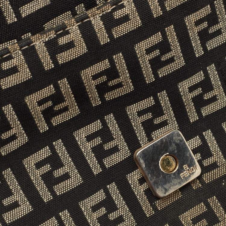 Pre Owned Fendi Black/Beige Zucchino Canvas and Leather Mini Baguette Pochette Bag