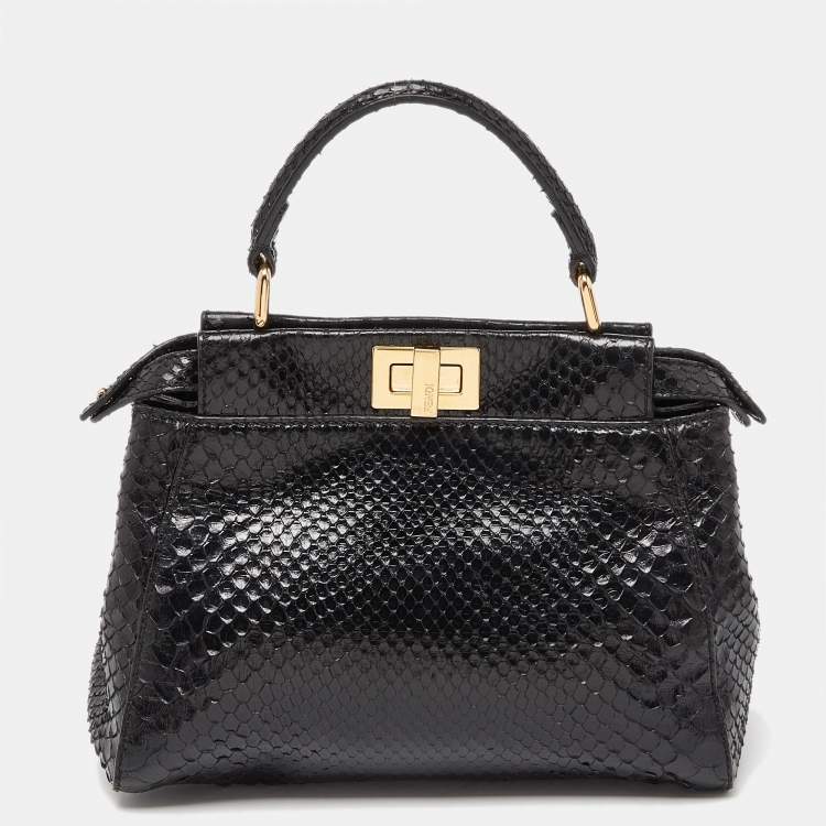 Pre Owned Fendi Black Python Mini Peekaboo Top Handle Bag