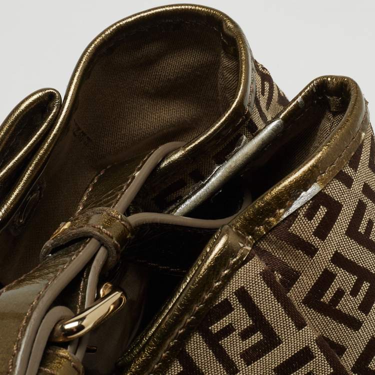 Pre Owned Fendi Olive Green/Beige Zucchino Canvas and Patent Leather Shopper Tote