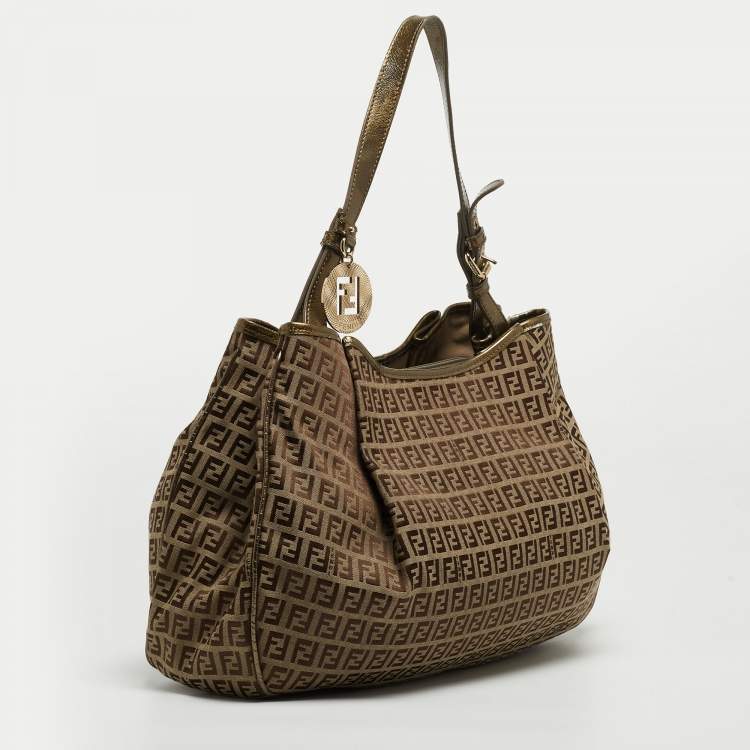 Pre Owned Fendi Olive Green/Beige Zucchino Canvas and Patent Leather Shopper Tote