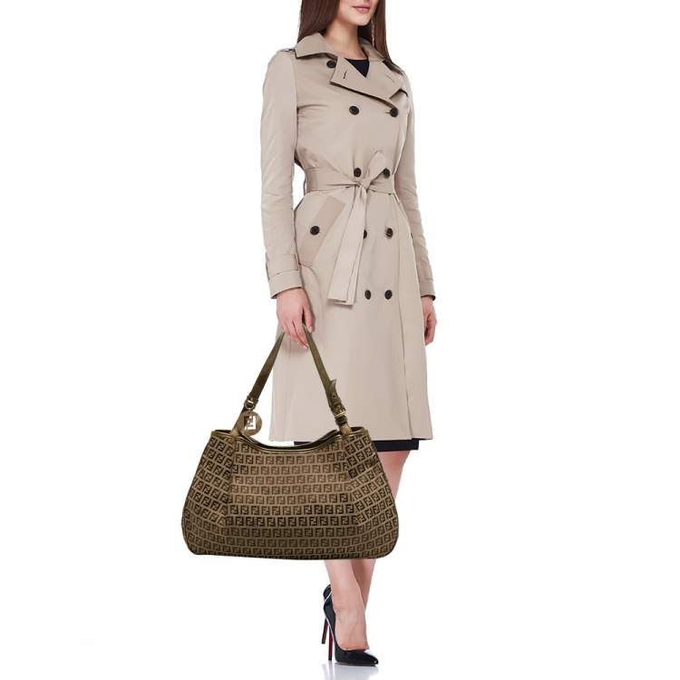 Pre Owned Fendi Olive Green/Beige Zucchino Canvas and Patent Leather Shopper Tote