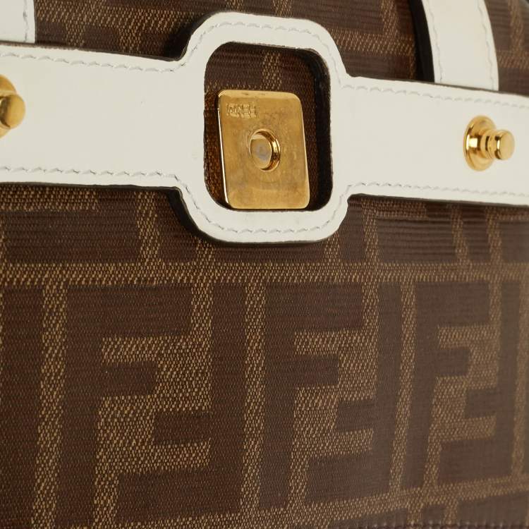Pre Owned Fendi Brown/White Zucca Coated Canvas and Leather Mini Cage Baguette Bag