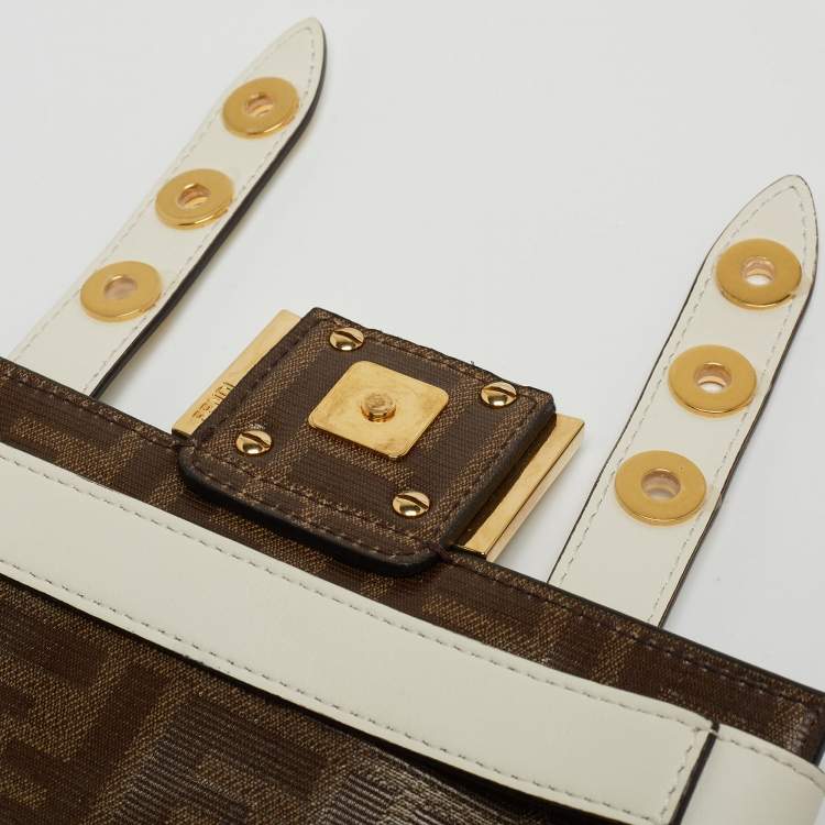 Pre Owned Fendi Brown/White Zucca Coated Canvas and Leather Mini Cage Baguette Bag