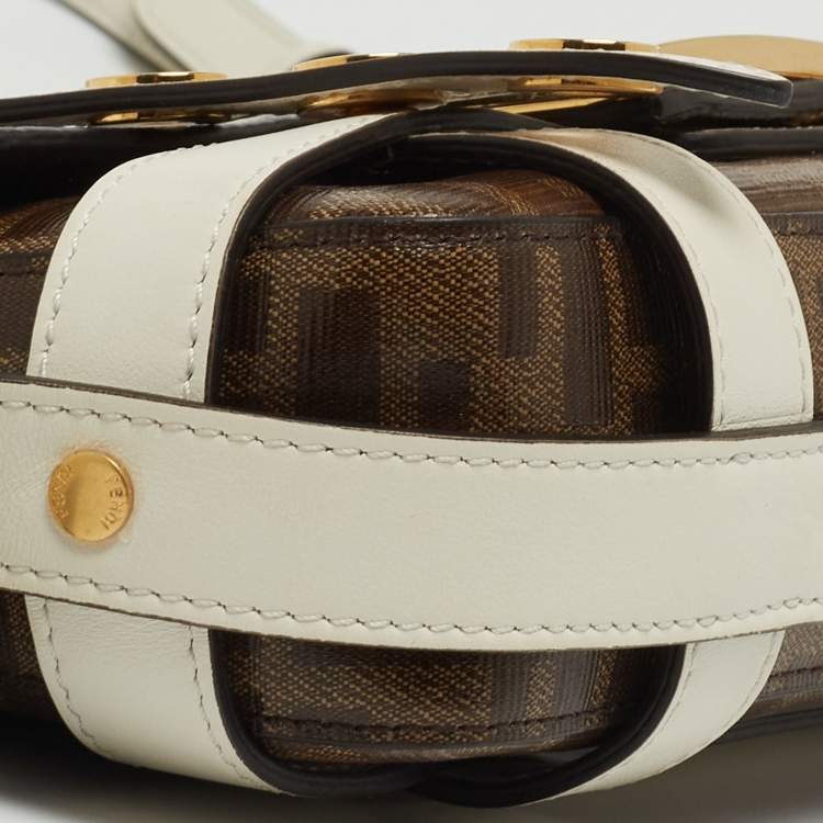 Pre Owned Fendi Brown/White Zucca Coated Canvas and Leather Mini Cage Baguette Bag