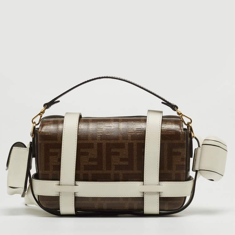 Pre Owned Fendi Brown/White Zucca Coated Canvas and Leather Mini Cage Baguette Bag