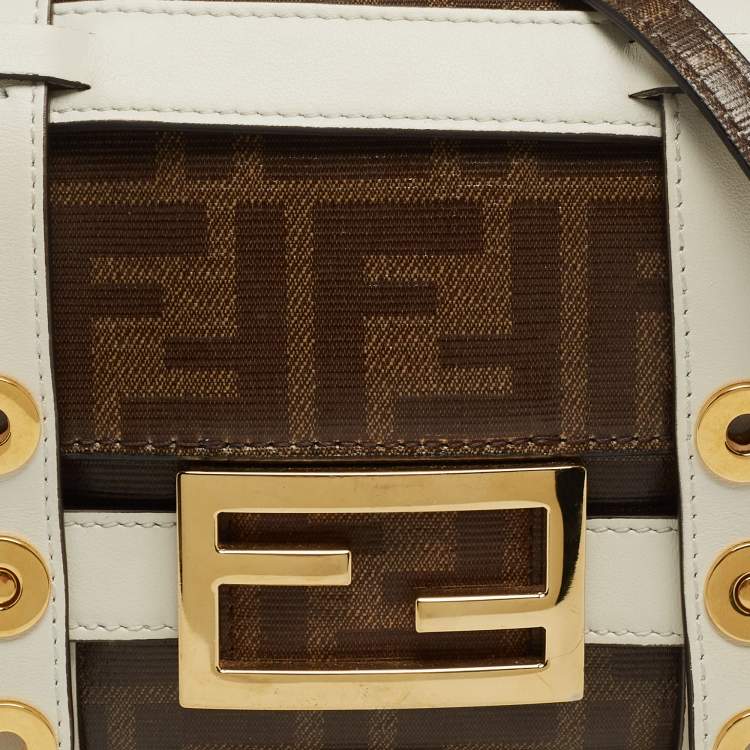 Pre Owned Fendi Brown/White Zucca Coated Canvas and Leather Mini Cage Baguette Bag