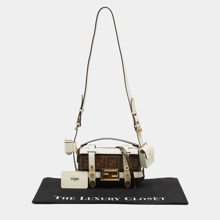 Pre Owned Fendi Brown/White Zucca Coated Canvas and Leather Mini Cage Baguette Bag