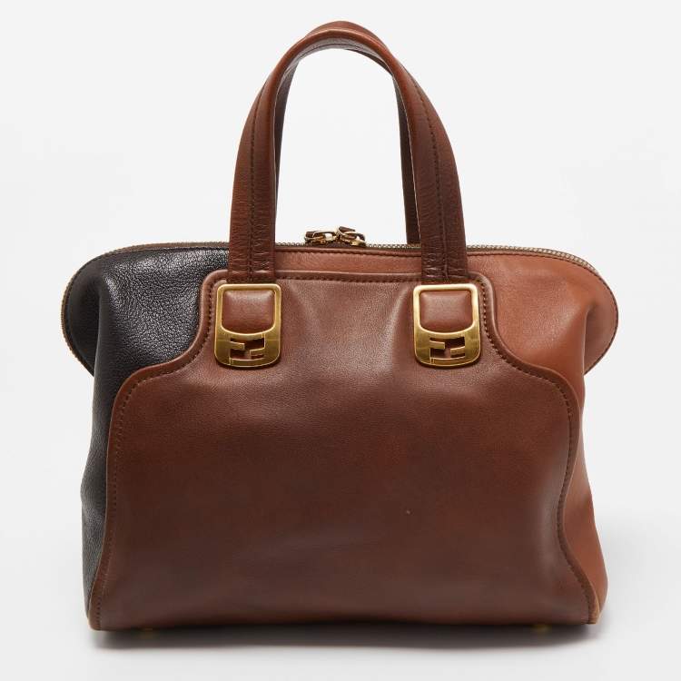 Pre Owned Fendi Two Tone Brown Leather Chameleon Satchel 
