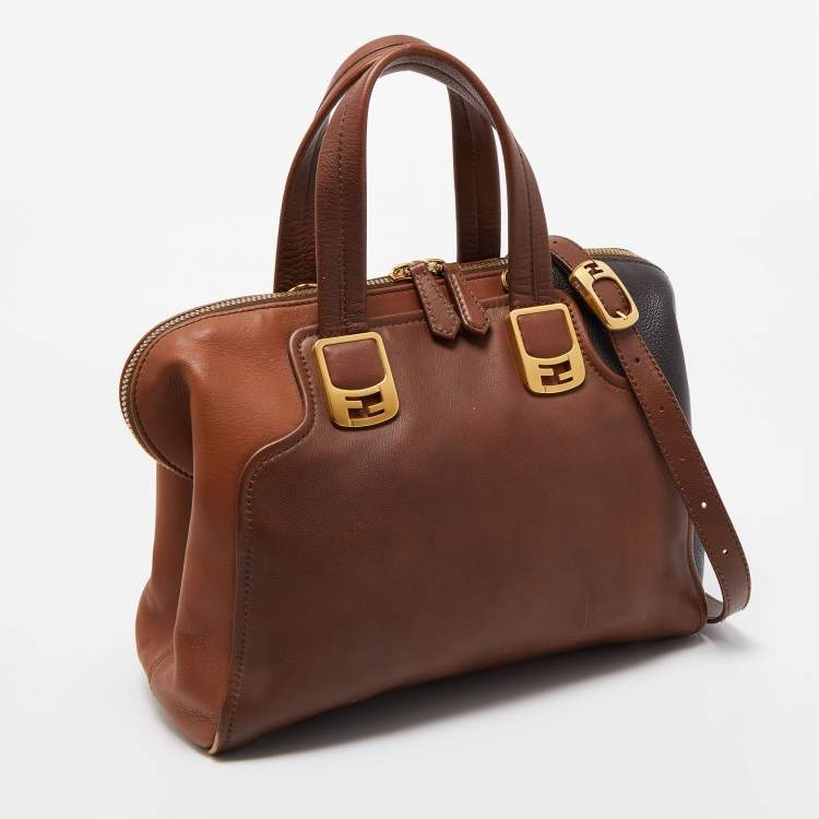 Pre Owned Fendi Two Tone Brown Leather Chameleon Satchel 