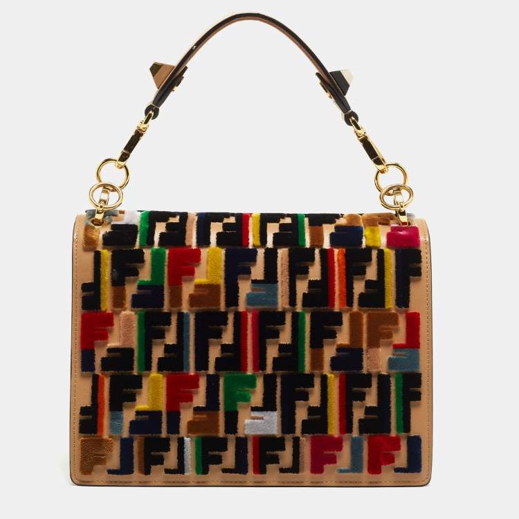 Pre Owned Fendi Multicolor Zucca Velvet and Leather Kan I Shoulder Bag
