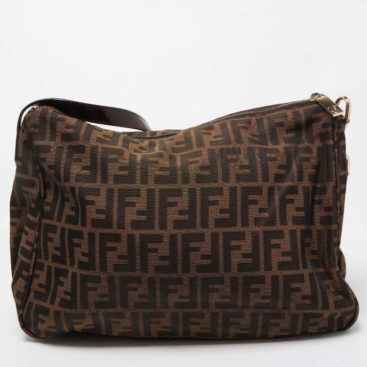 Pre Owned Fendi Tobacco Zucca Canvas and Patent Leather Mia Zip Shoulder Bag