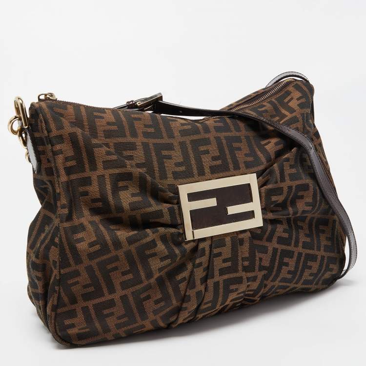 Pre Owned Fendi Tobacco Zucca Canvas and Patent Leather Mia Zip Shoulder Bag