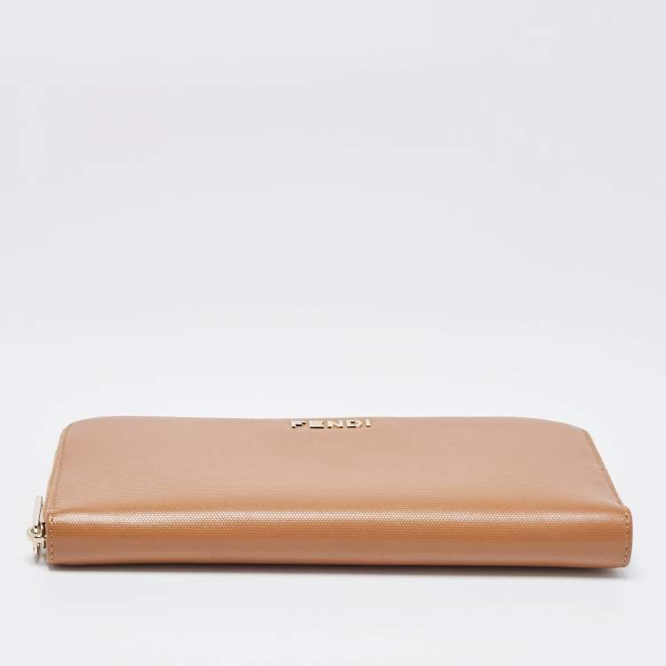 Pre Owned Fendi Tan Leather Zip Around Wallet