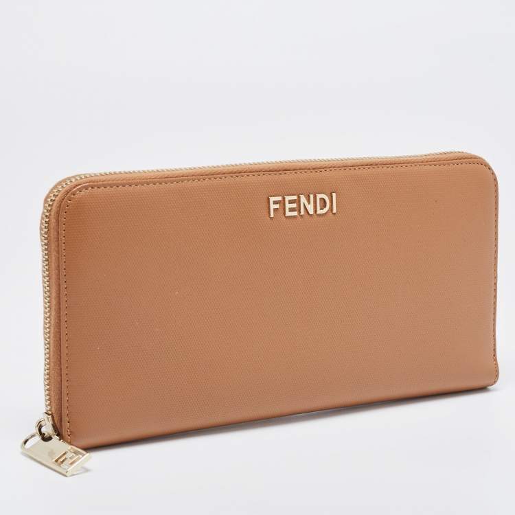 Pre Owned Fendi Tan Leather Zip Around Wallet