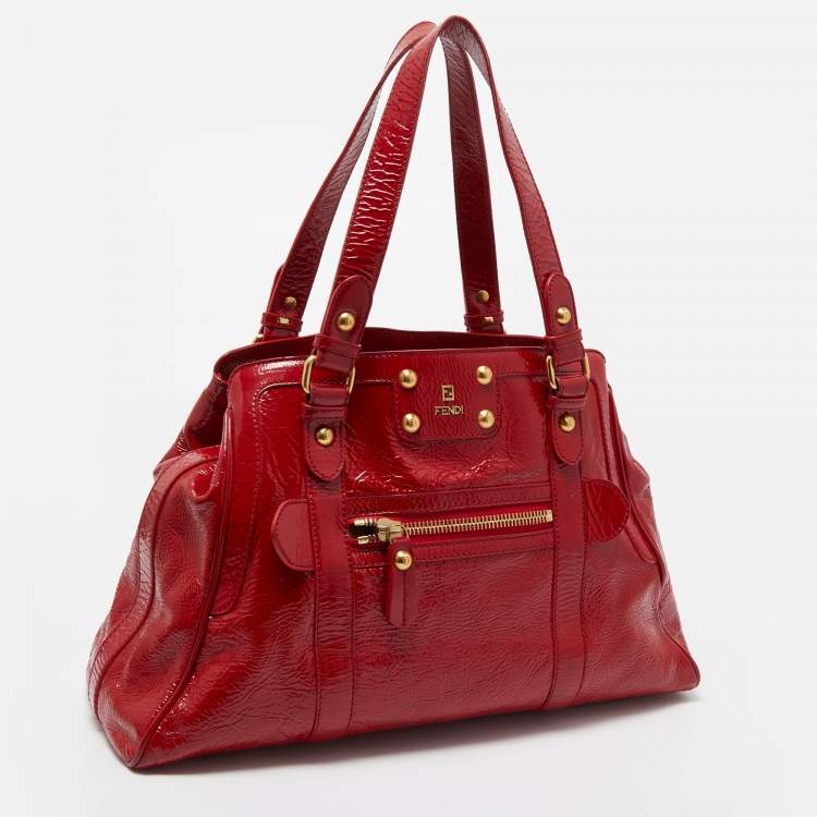 Pre Owned Fendi Red Wrinkled Patent Leather De Jour Bag