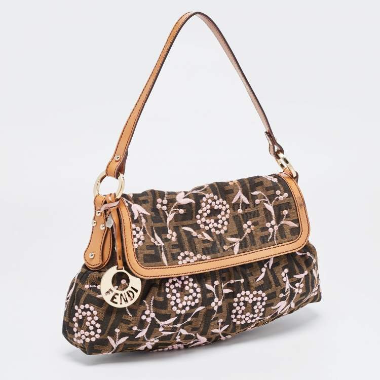 Pre Owned Fendi Tobacco Zucca Embroidered Canvas Small Chef Shoulder Bag
