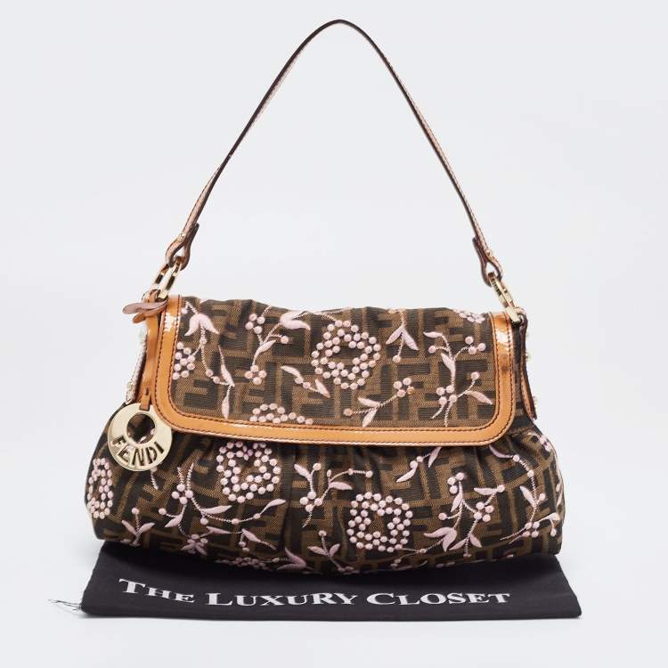 Pre Owned Fendi Tobacco Zucca Embroidered Canvas Small Chef Shoulder Bag