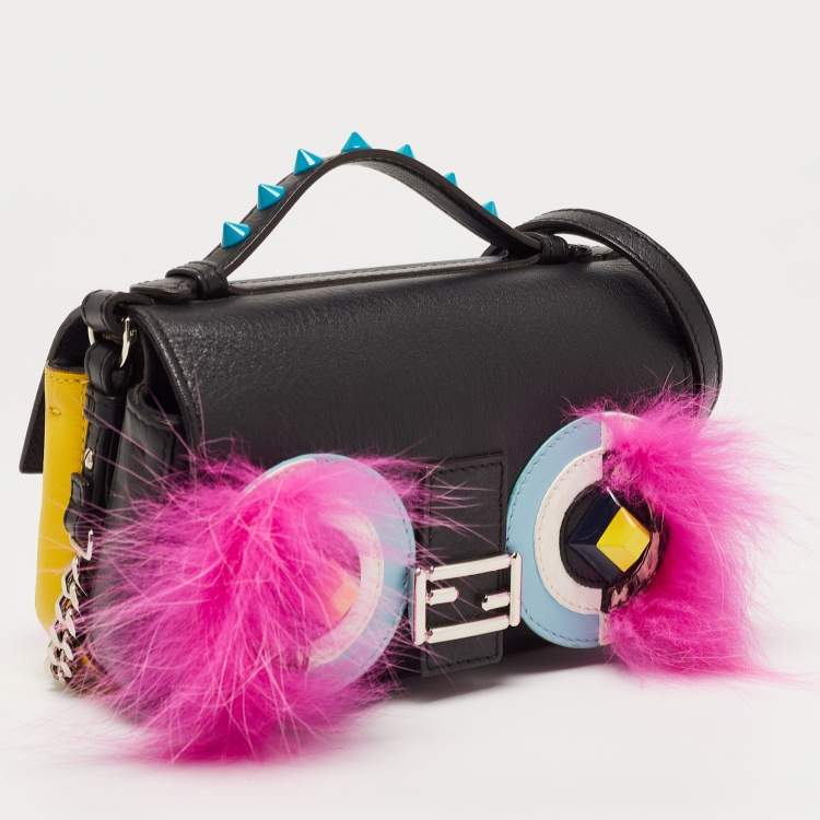 Pre Owned Fendi Multicolor Fox and Snakeskin Trimmed Leather Double Micro Baguette Bag