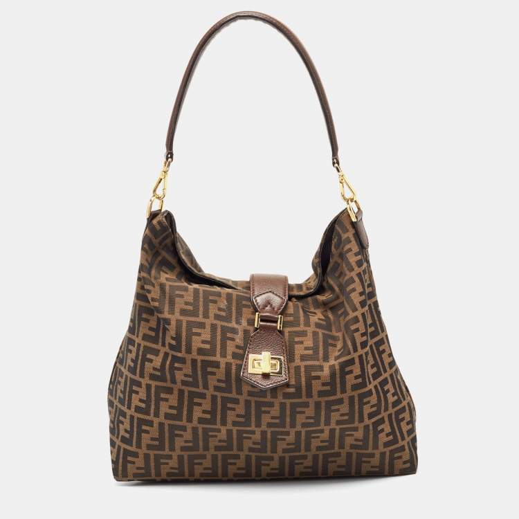 Pre Owned Fendi Tobacco Zucca Canvas and Leather Clasp Shoulder Bag