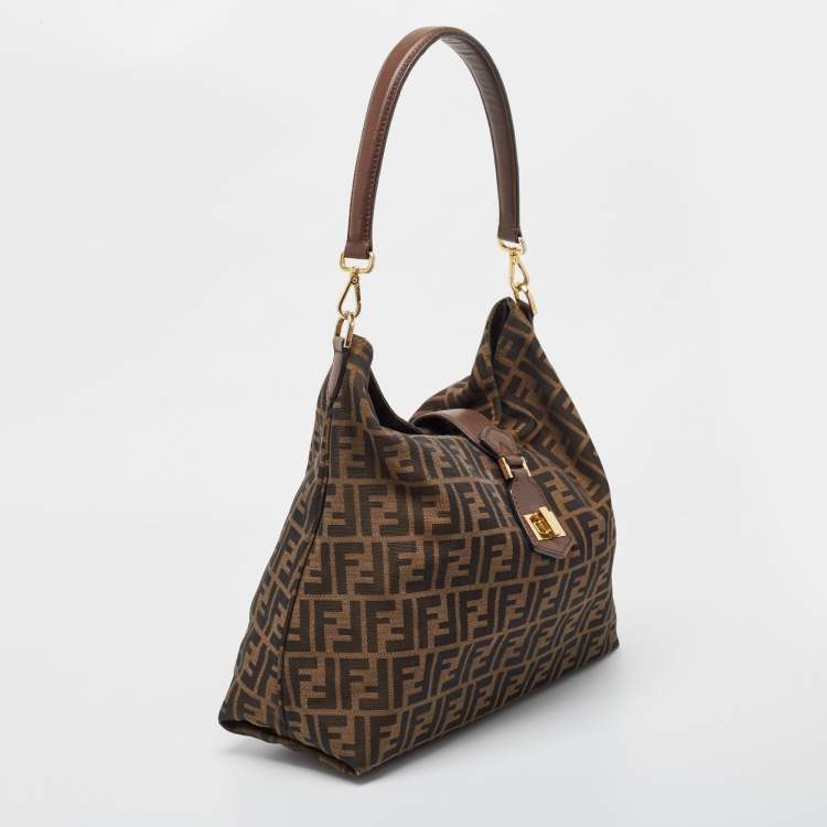 Pre Owned Fendi Tobacco Zucca Canvas and Leather Clasp Shoulder Bag