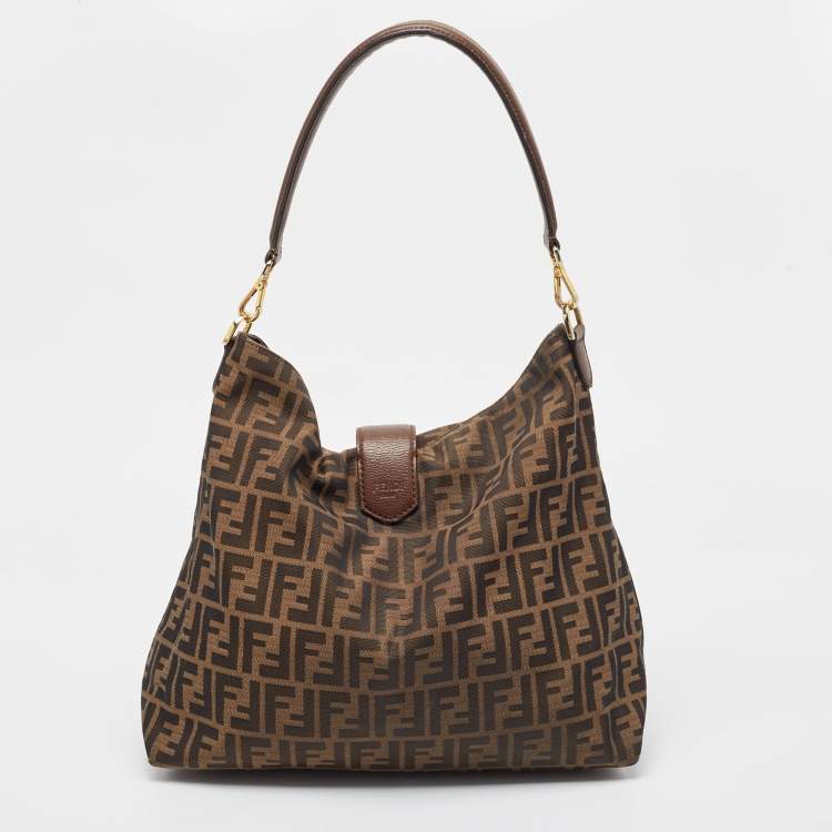 Pre Owned Fendi Tobacco Zucca Canvas and Leather Clasp Shoulder Bag