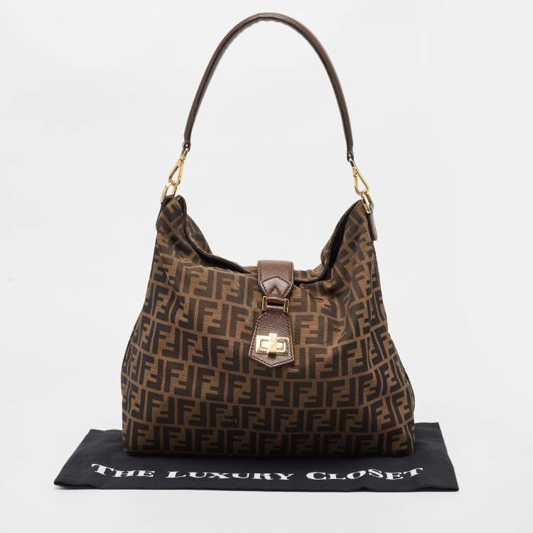 Pre Owned Fendi Tobacco Zucca Canvas and Leather Clasp Shoulder Bag