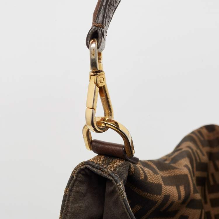 Pre Owned Fendi Tobacco Zucca Canvas and Leather Clasp Shoulder Bag