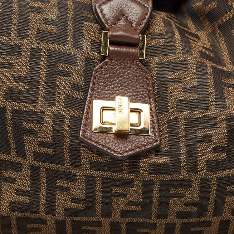 Pre Owned Fendi Tobacco Zucca Canvas and Leather Clasp Shoulder Bag