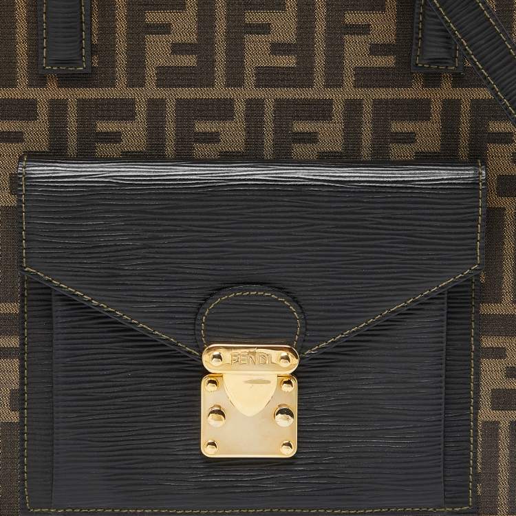 Pre Owned Fendi Tobacco Zucca Canvas and Leather Front Pocket Tote