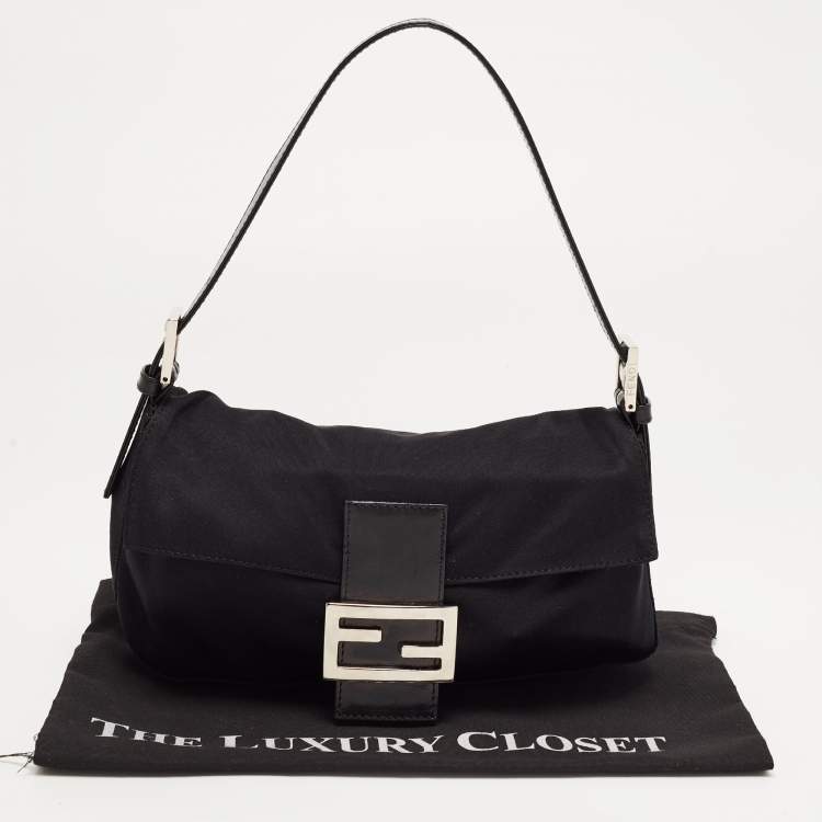 Pre Owned Fendi Black Fabric and Leather Flap Baguette Bag