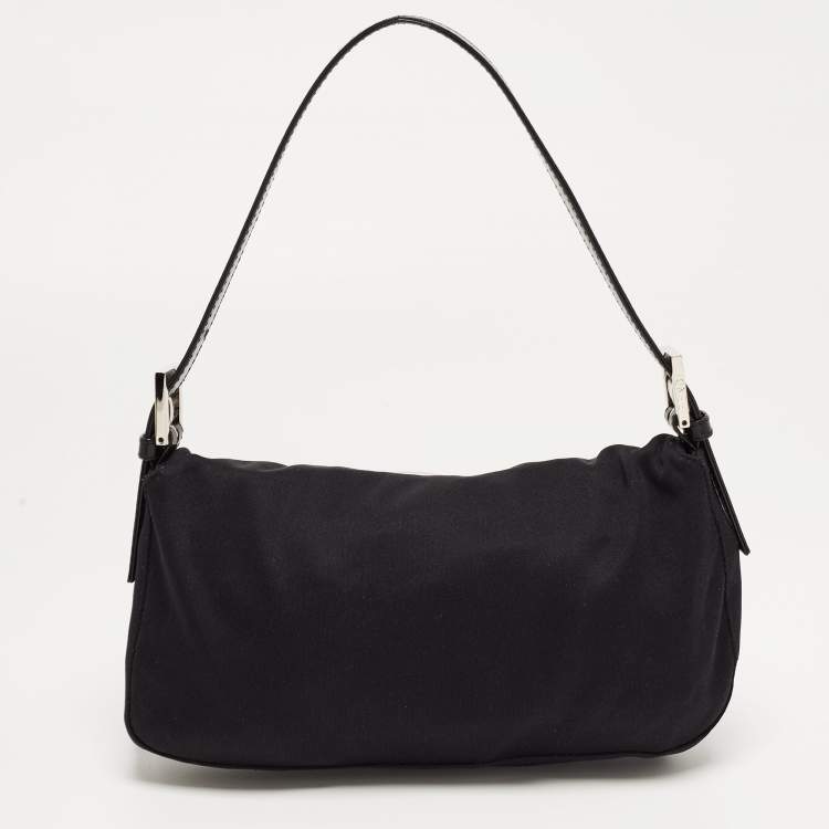Pre Owned Fendi Black Fabric and Leather Flap Baguette Bag