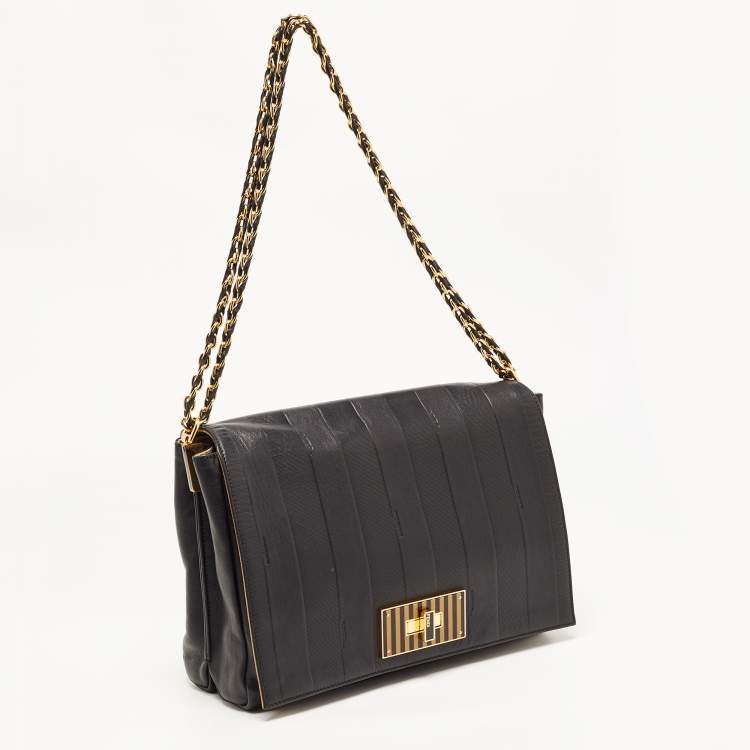 Pre Owned Fendi Black Pequin Stripe Embossed Leather Large Claudia Shoulder Bag